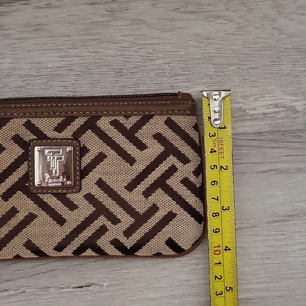 Tignanello Signature Canvas  Wristlet Wallet Pouch Zippered Pockets Leather Trim